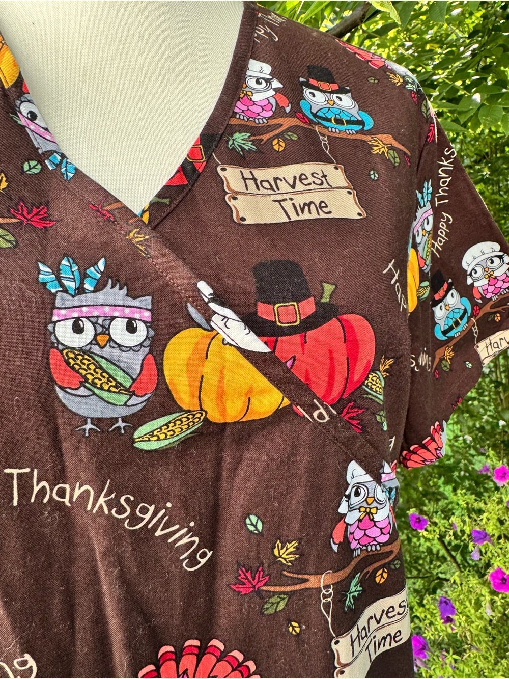 NWT ScrubStar Thanksgiving Owl Scrub Top Large Harvest Time Cotton Nurse - Picture 2 of 12